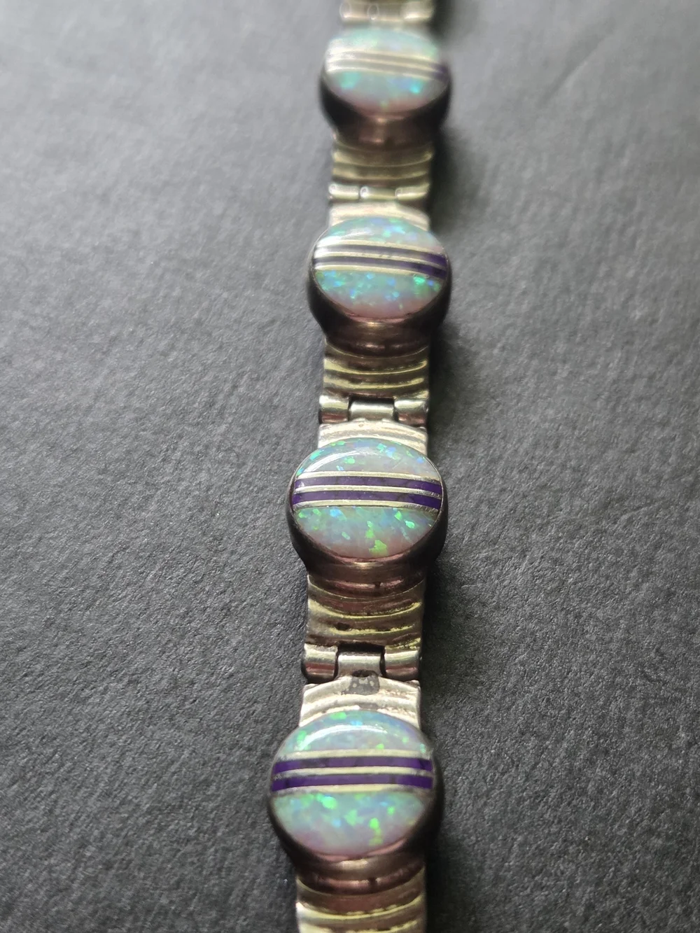 Vintage Sterling Silver Southwestern Fire Opal Inlay Link Bracelet QF 925 - Picture 2 of 9